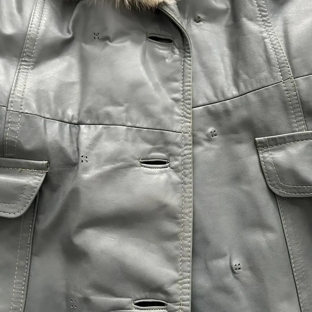 Women's Gray Leather Trench Coat with Real Fur Collar - Picture 3 of 9